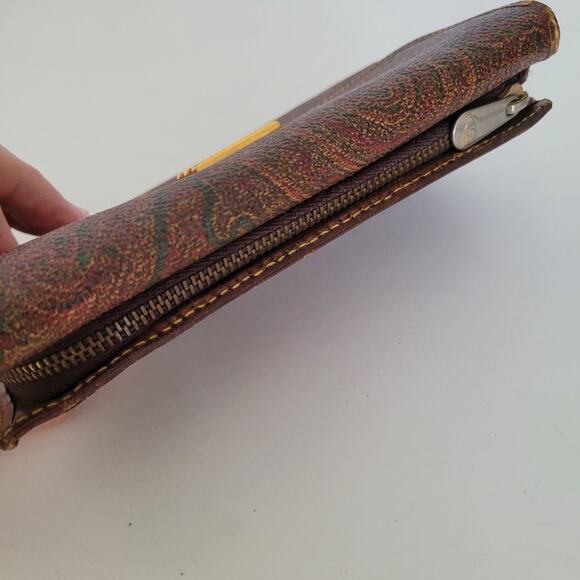 Etro Vintage Brown Paisley Medium Leather Wallet Logo Italian Trifold Zip Fair - Picture 11 of 15